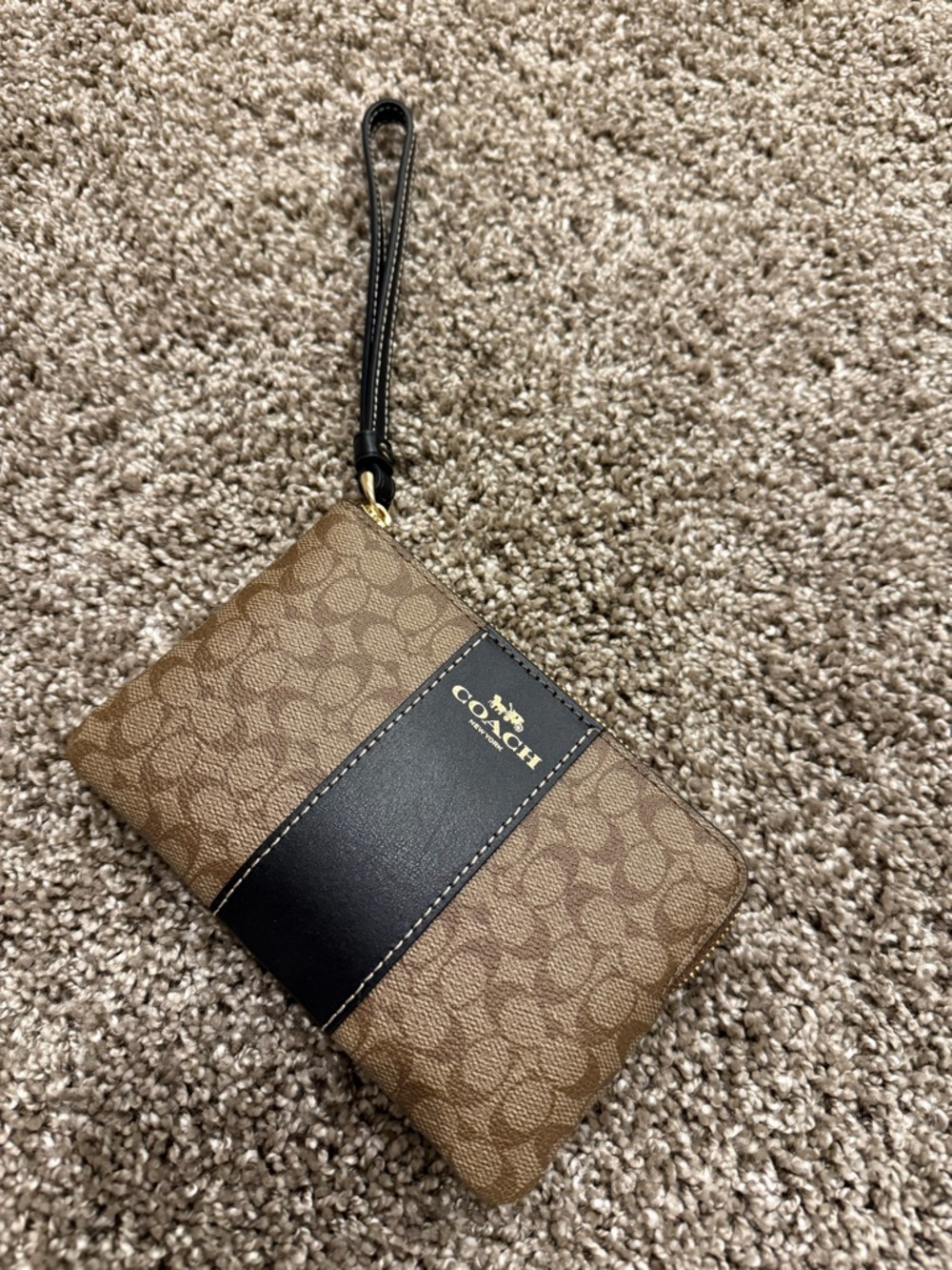 Coach Tan Signature Canvas Wristlet with Black Center Panel